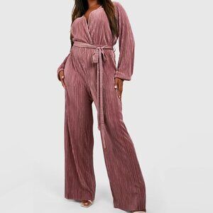 Long Sleeve Belted Plisse Wide Leg Jumpsuit